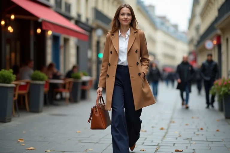 Femme élégante en manteau camel marchant sur un boulevard parisien, tendances mode automne Paris