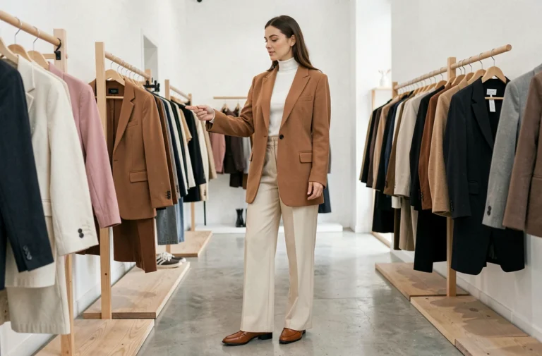 Femme élégante en blazer camel oversize parcourant les nouvelles collections dans une boutique de mode parisienne minimaliste