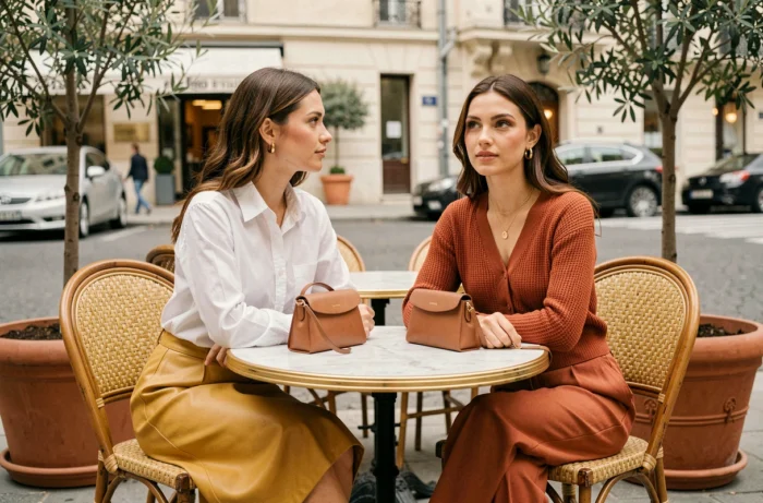 Deux femmes aux tenues tendance mode assises à la terrasse d'un café parisien, jupe en cuir jaune et co-ord en maille rouille, style automne chic