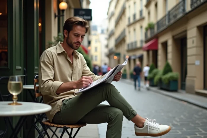 Homme en tenue décontractée chic assis en terrasse de café dans le Marais à Paris, mode masculine parisienne