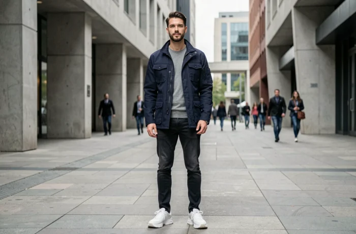 Homme en veste utility marine tendance posant dans un environnement urbain moderne aux allures architecturales contemporaines