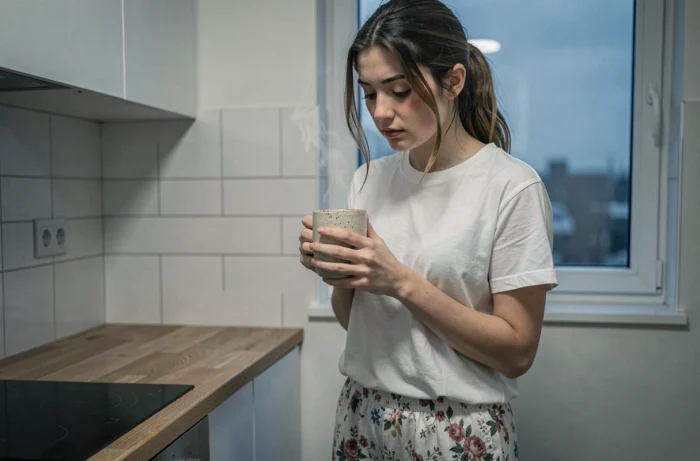 Jeune femme buvant une tisane le soir pour favoriser l'endormissement et combattre le jet lag après un voyage
