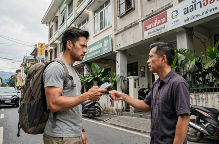 Touriste occidental discutant avec un propriétaire thaïlandais devant un immeuble locatif à Bangkok
