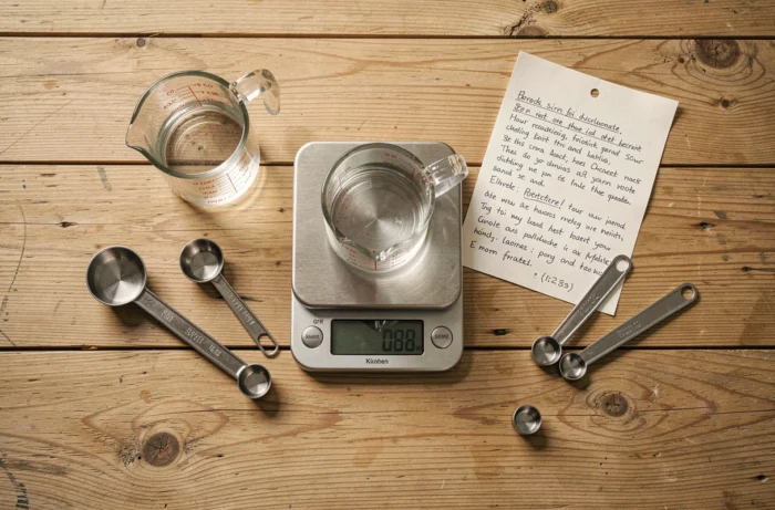 Vue de dessus d'un verre doseur en cl et d'une balance de cuisine affichant des grammes sur table en bois, guide de mesure culinaire