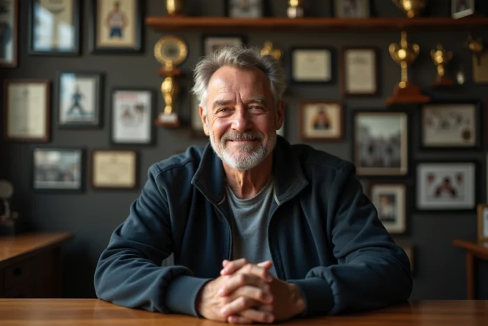 Portrait intimiste d'un vétéran des arts martiaux entouré de trophées et de souvenirs dans son bureau