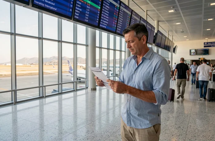 Voyageur consultant les horaires de vol à l'aéroport d'Héraklion en Crète pour anticiper le décalage horaire