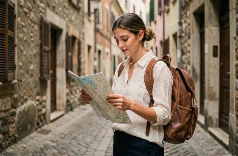 Voyageuse solo explorant une ruelle pavée d'une vieille ville européenne avec une carte en papier