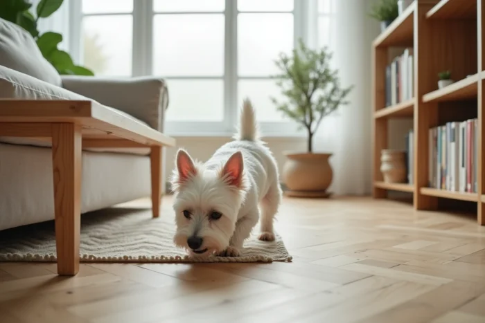 Westie en train d'explorer un salon scandinave moderne aux tons neutres et au parquet en bois clair