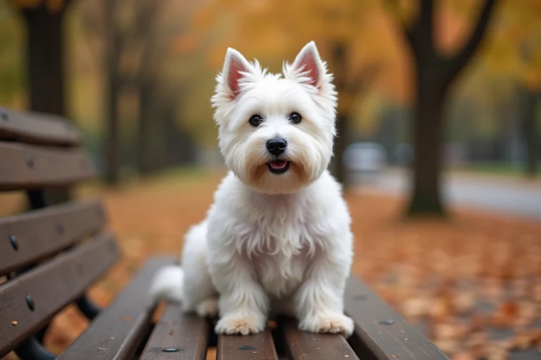 West Highland White Terrier assis sur un banc en bois dans un parc automnal, regardant attentivement l'objectif